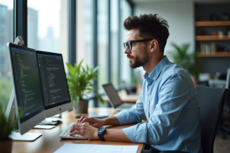 Jeune developpeur logiciel au bureau avec deux écrans
