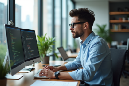 Jeune developpeur logiciel au bureau avec deux écrans
