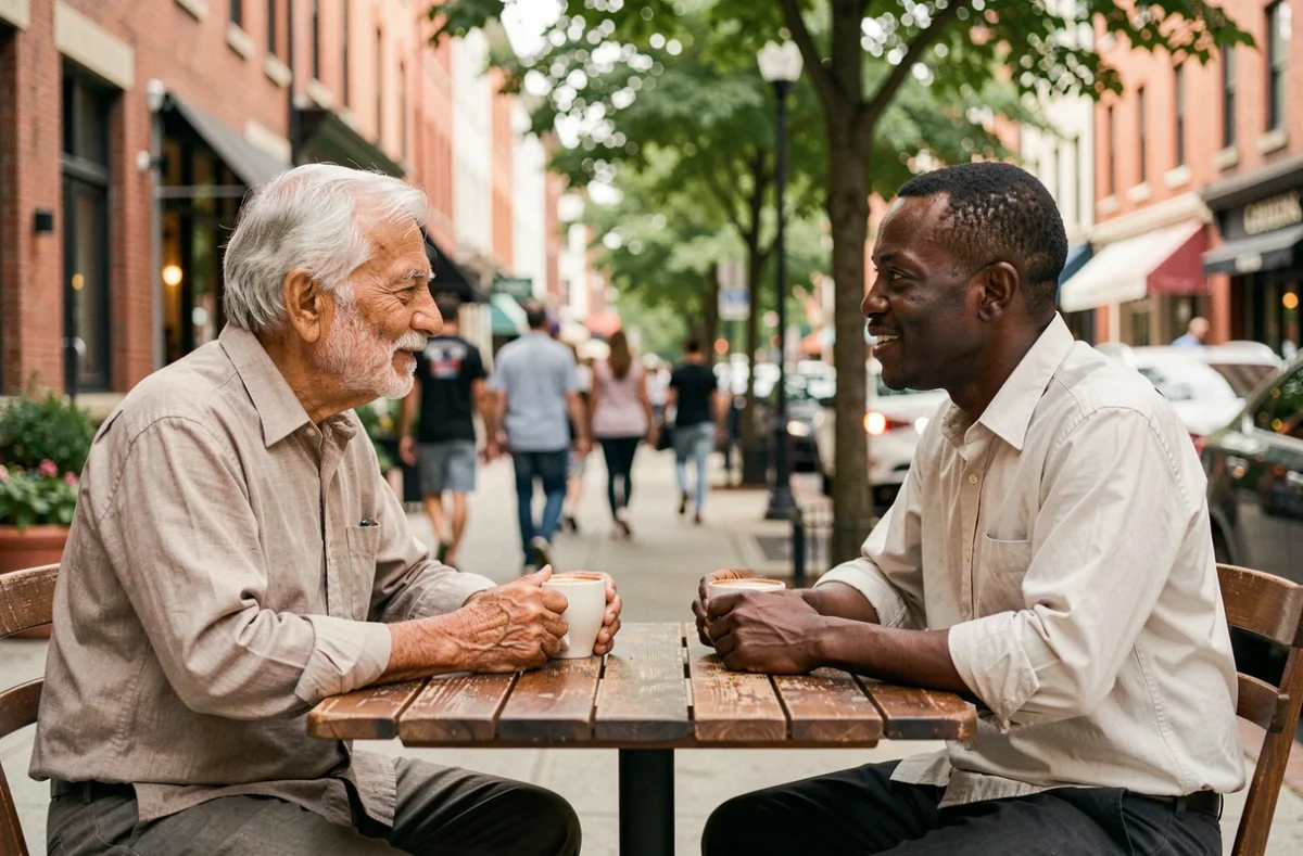Deux hommes âgés de cultures différentes en conversation paisible autour d'un café en terrasse, illustrant le dialogue interculturel et la fraternité pour la paix mondiale