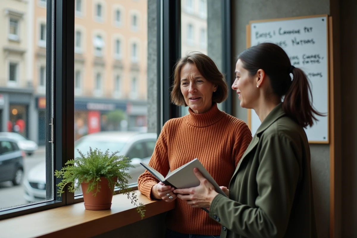 Deux femmes discutant du sens linguistique du verbe s'amenuiser dans un espace de travail moderne avec un guide de la langue française