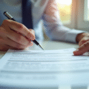 Mains tenant un certificat d'immatriculation voiture avec stylo