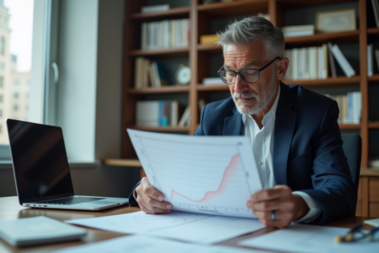 Économiste en costume analysant une courbe inversée