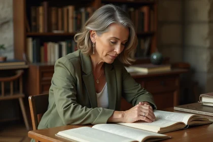 Éditrice parcourant des manuscrits de poésie dans les bureaux des Éditions ACALA à Paris, entourée de livres de poésie sur des étagères en bois