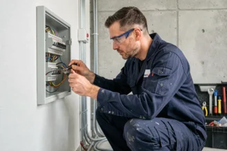 Électricien professionnel en train de câbler un tableau électrique dans un immeuble résidentiel à Toulon