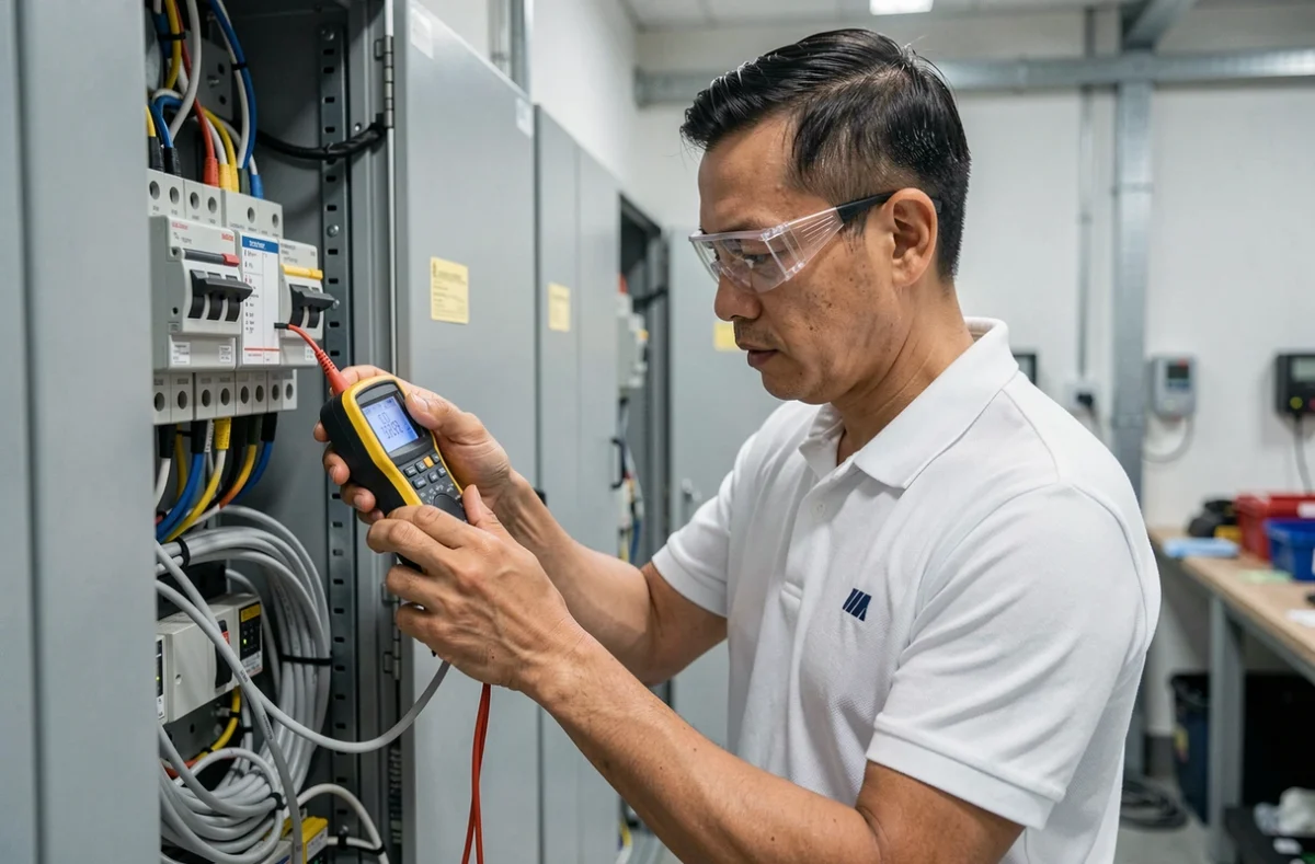Un électricien d'Electricité Nam Polloni testant un tableau électrique avec un multimètre numérique dans une salle technique en Lot-et-Garonne