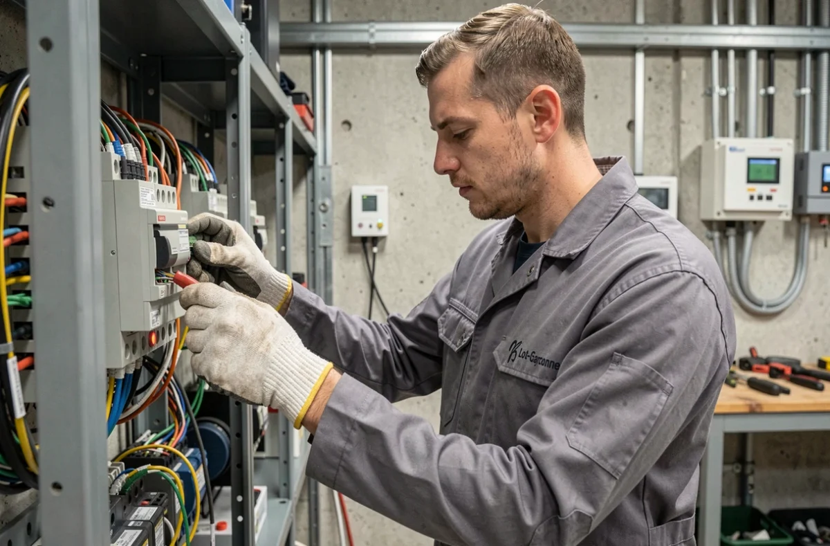 Un électricien d'Electromontage en train de câbler un tableau électrique industriel dans un atelier professionnel