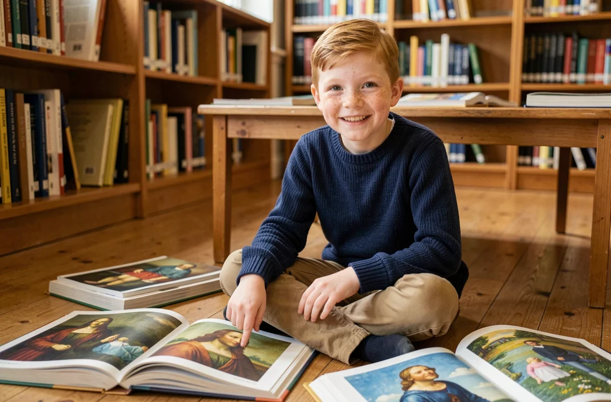 Jeune garçon lisant des livres sur les peintres célèbres dans une bibliothèque scolaire, pour initier les enfants à l'histoire de l'art