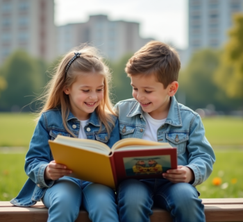 Deux enfants souriants lisant un livre dans un parc urbain