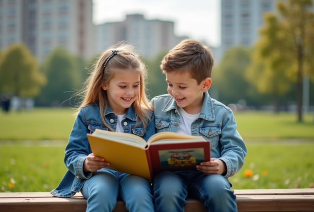 Deux enfants souriants lisant un livre dans un parc urbain