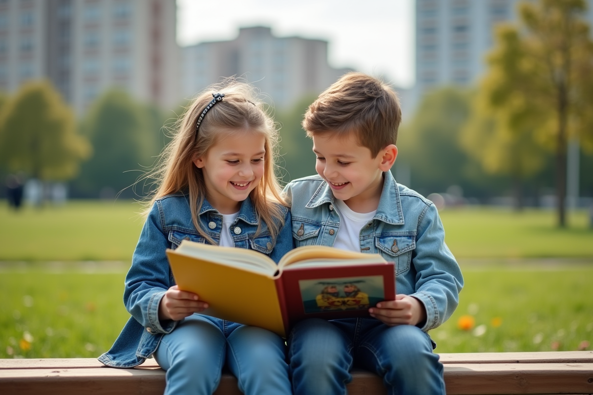 Deux enfants souriants lisant un livre dans un parc urbain