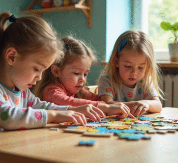 Enfants jouant à un puzzle dans une salle lumineuse