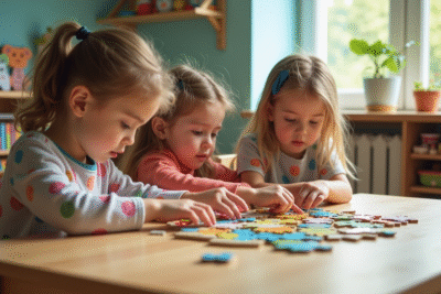 Enfants jouant à un puzzle dans une salle lumineuse