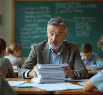 Professeur homme dans une classe avec pile de papiers