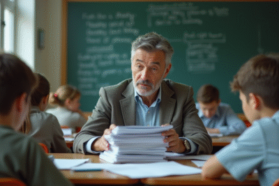 Professeur homme dans une classe avec pile de papiers