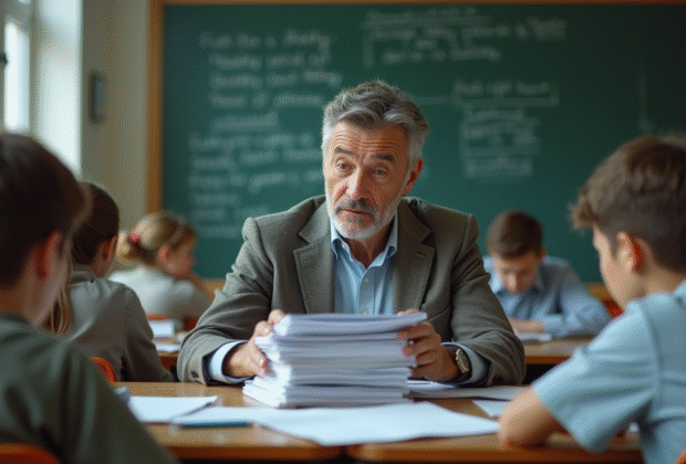 Professeur homme dans une classe avec pile de papiers