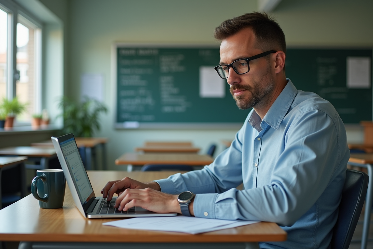 Enseignant au bureau en classe utilisant la plateforme MBN