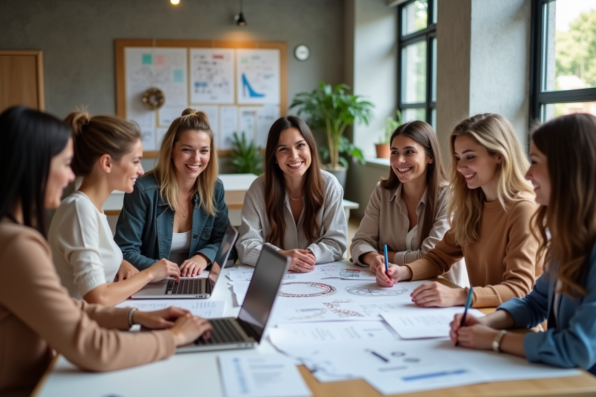 Groupe de femmes collaborant autour d une table de travail