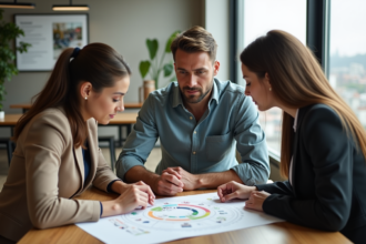 Groupe de professionnels autour d'un diagramme économie circulaire