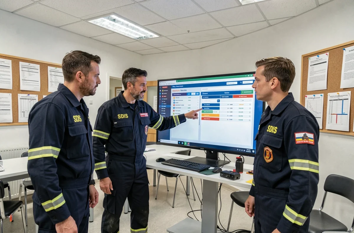 Équipe de pompiers en réunion devant un écran de gestion des interventions dans un centre de secours