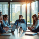 Equipe de gestionnaires de produits collaborant autour d'une table avec dashboards IA