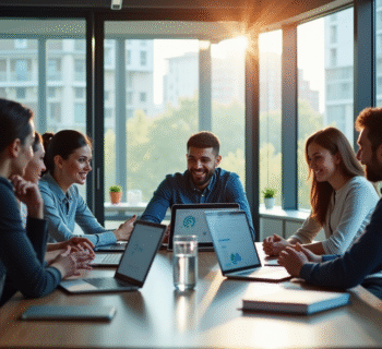 Equipe de gestionnaires de produits collaborant autour d'une table avec dashboards IA