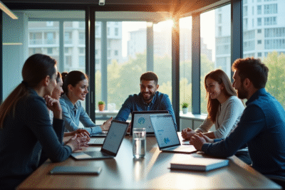 Equipe de gestionnaires de produits collaborant autour d'une table avec dashboards IA