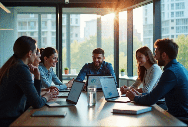 Equipe de gestionnaires de produits collaborant autour d'une table avec dashboards IA