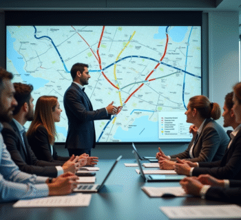 Groupe de professionnels discutant d une carte chaotique en réunion