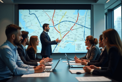 Groupe de professionnels discutant d une carte chaotique en réunion