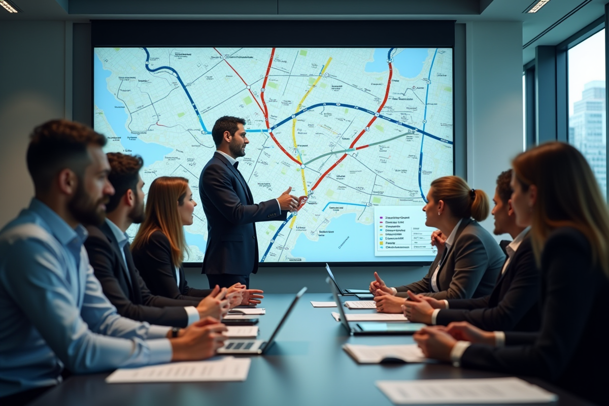 Groupe de professionnels discutant d une carte chaotique en réunion