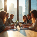 Groupe de jeunes professionnels dans un espace coworking moderne