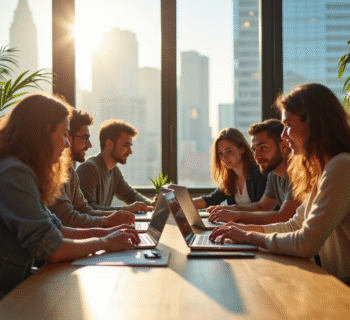 Groupe de jeunes professionnels dans un espace coworking moderne