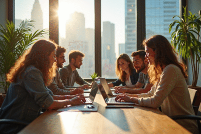 Groupe de jeunes professionnels dans un espace coworking moderne
