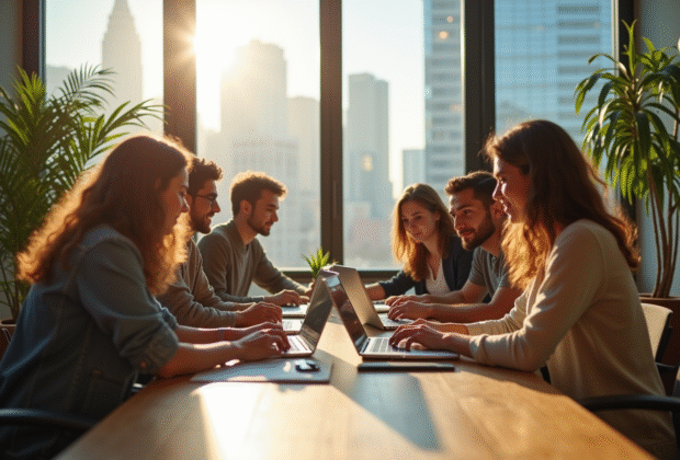 Groupe de jeunes professionnels dans un espace coworking moderne