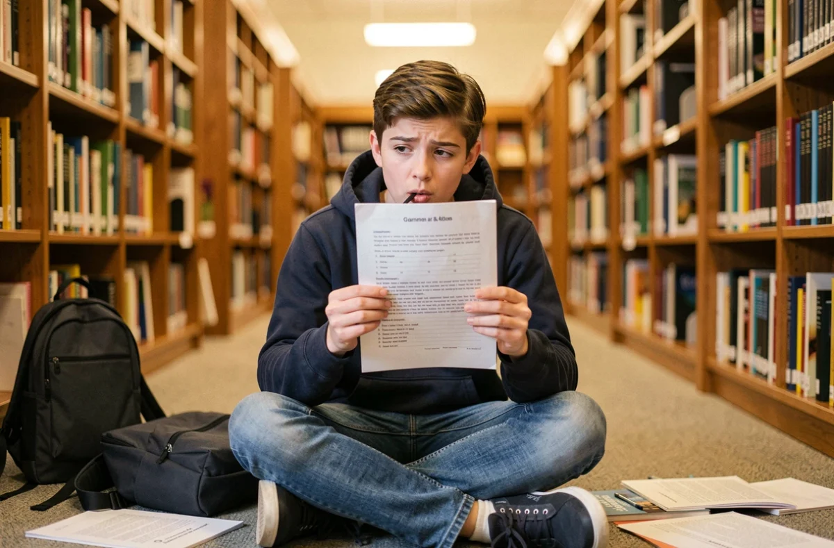Étudiant adolescent dans une bibliothèque étudiant une fiche de grammaire sur le conditionnel et le futur en français