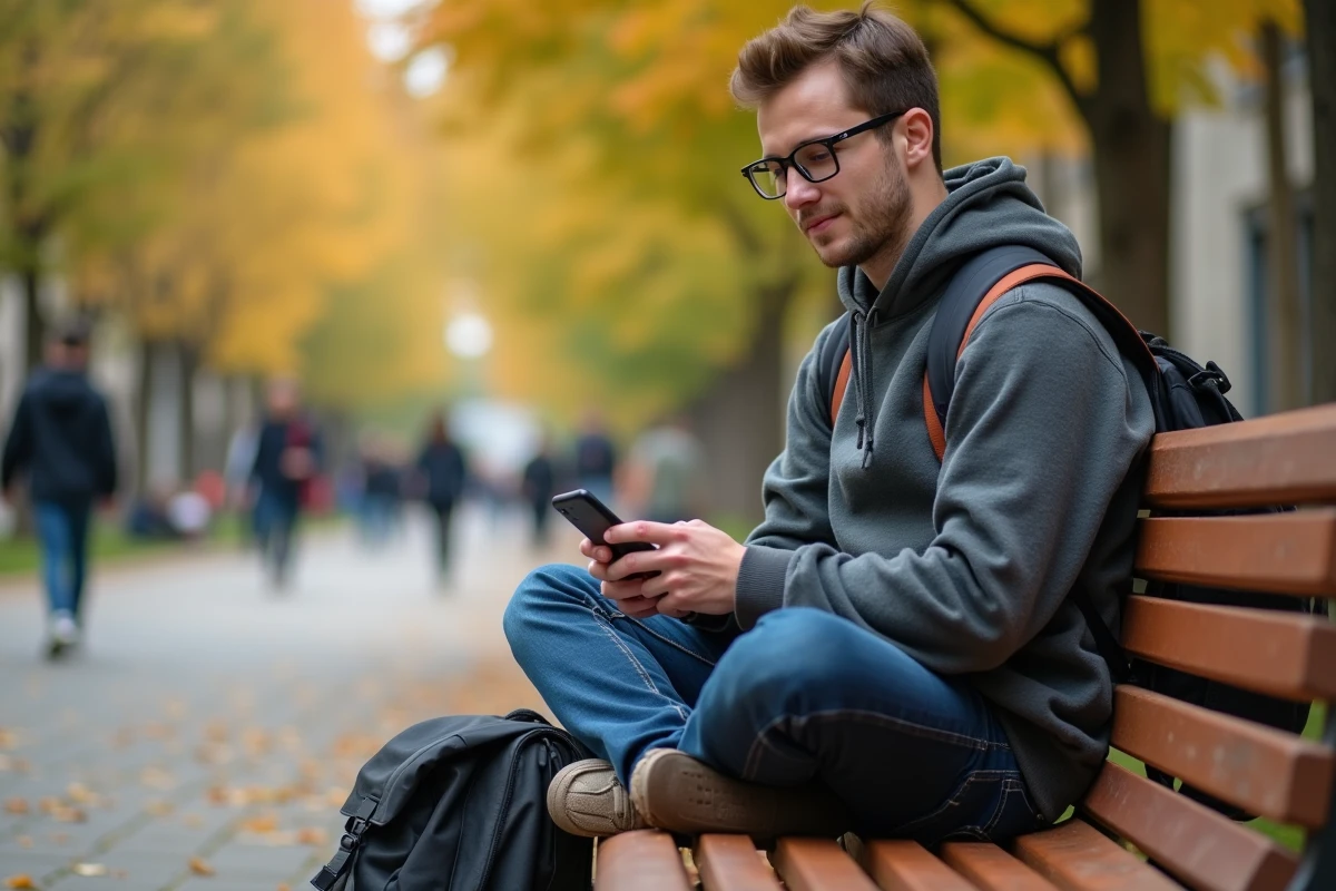 Étudiant sur un campus utilisant une alternative gratuite à ChatGPT en français sur smartphone