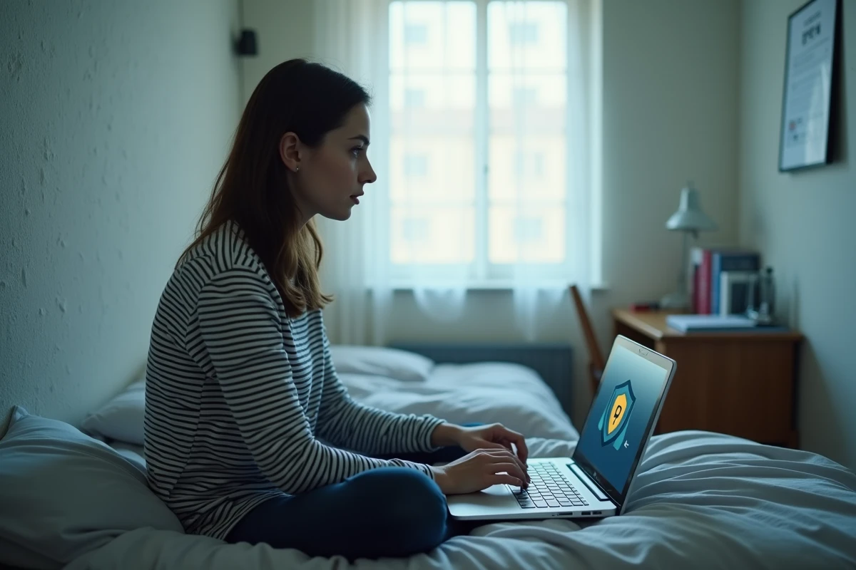 Étudiante vérifiant la sécurité de son ordinateur avant de visiter un site de streaming manga comme ManyToon