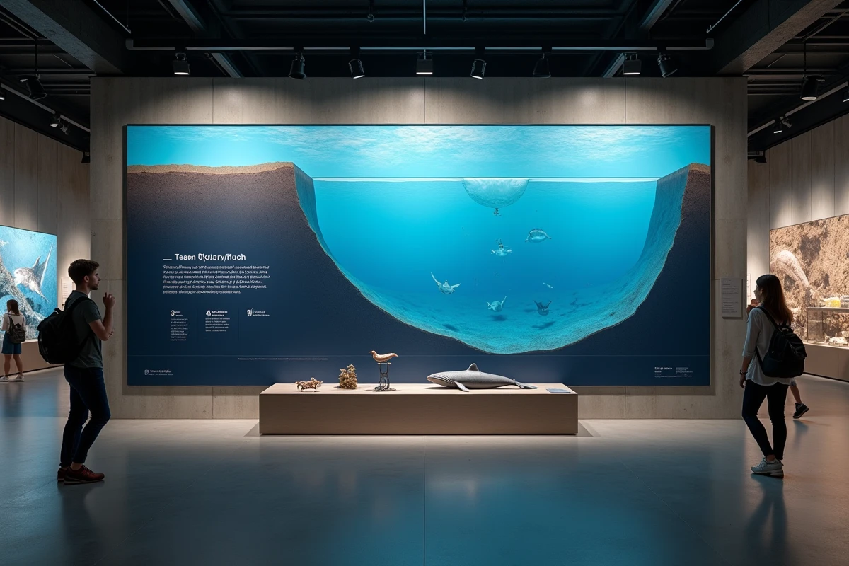 Exposition muséale représentant une coupe transversale comparative entre la fosse des Mariannes et l'abîsse Challenger Deep