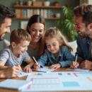 Famille souriante planifiant avec calendrier familial