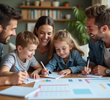 Famille souriante planifiant avec calendrier familial