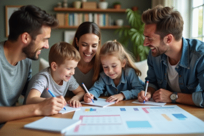 Famille souriante planifiant avec calendrier familial