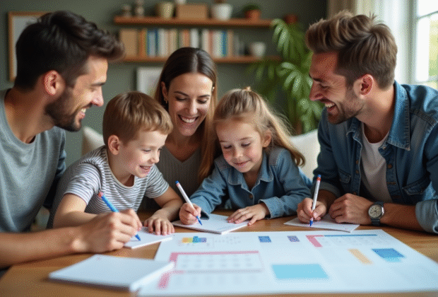 Famille souriante planifiant avec calendrier familial