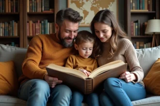 Famille lisant un livre d'histoire dans un salon chaleureux