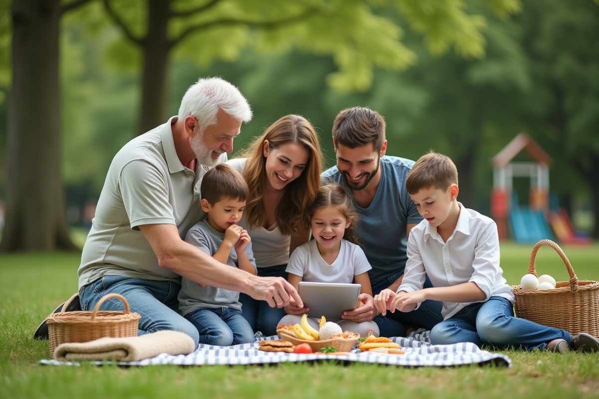 Famille multigenerations choisissant sortie dans un parc