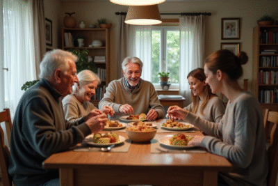 Famille multigenerational partageant un repas convivial