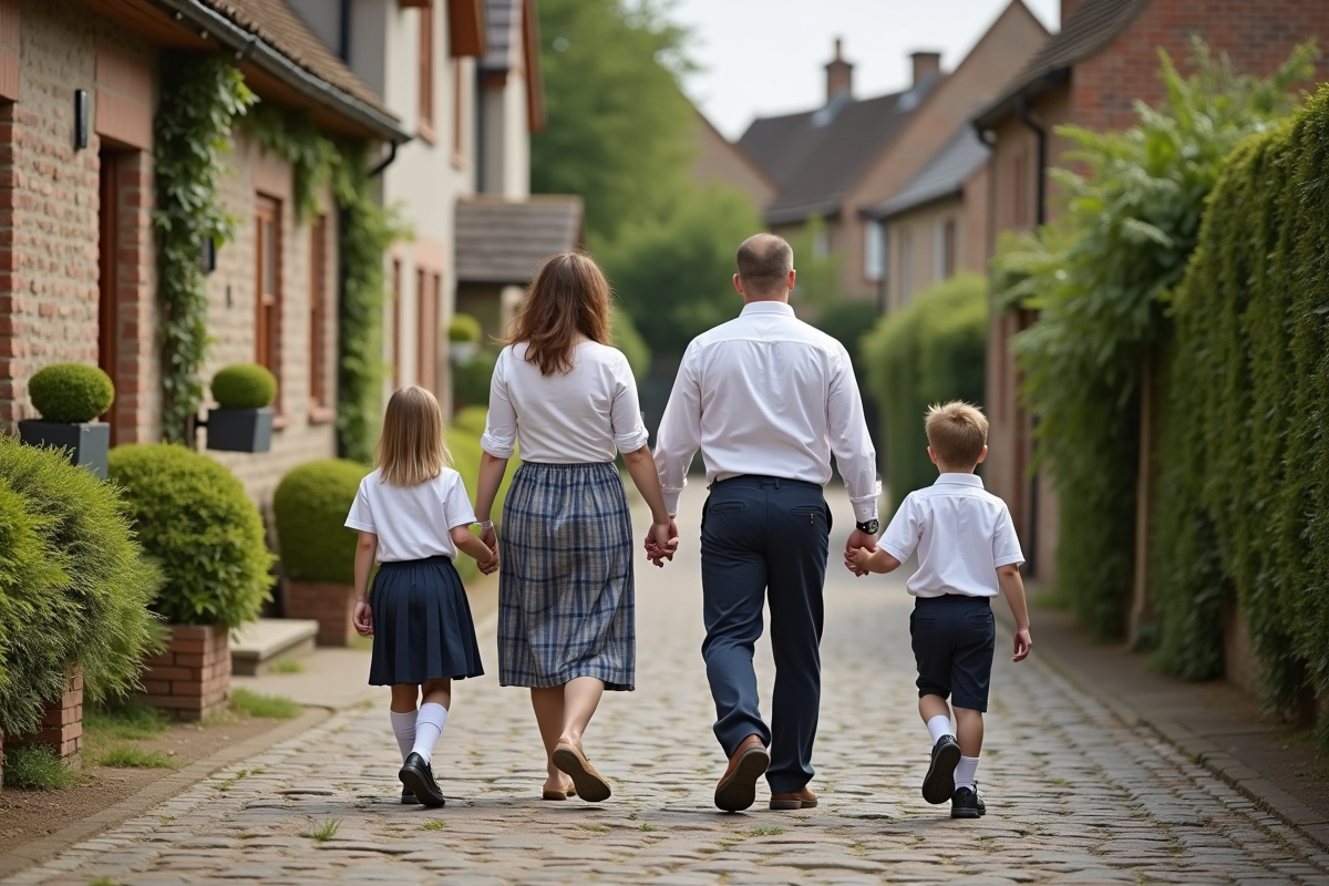 Famille traditionnelle marchant dans un village rural