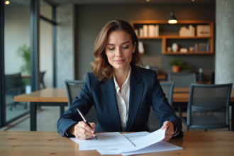 Femme d'affaires en costume bleu dans un bureau moderne
