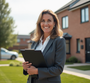 Femme d'affaires souriante devant maison neuve