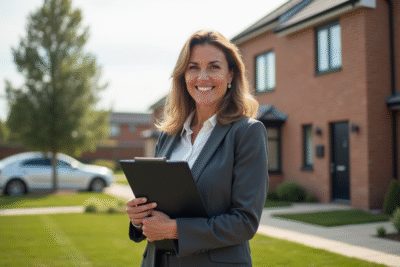 Femme d'affaires souriante devant maison neuve