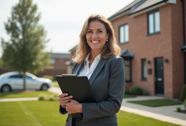 Femme d'affaires souriante devant maison neuve